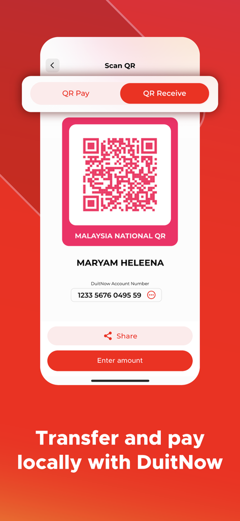 Merchantrade Money app screen for DuitNow QR code payments and transfers