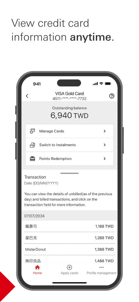 HSBC(TW) Credit Card - Pantalla móvil de la aplicación de la tarjeta de crédito HSBC TW que muestra el saldo de la cuenta y la lista de transacciones.