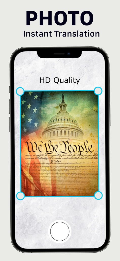 Translator: AI Translate - iPhone screen displaying the photo instant translation feature with HD quality scanning of a document.