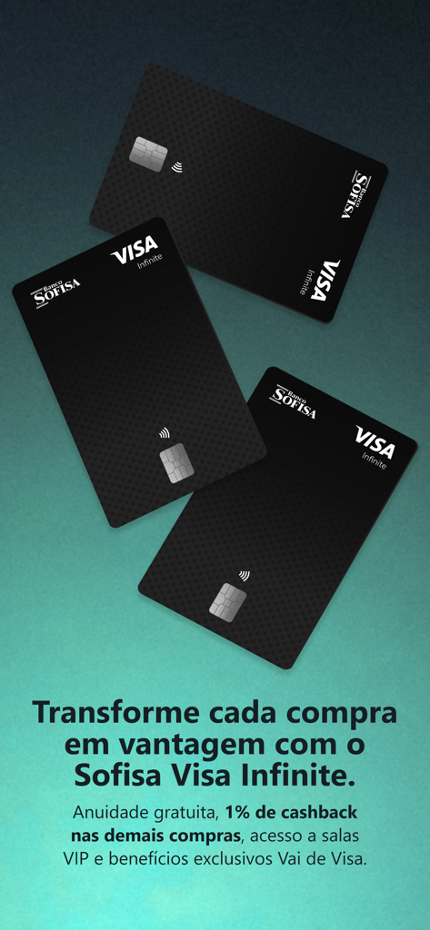 Tres tarjetas de crédito Sofisa Visa Infinite negras que destacan cero cuotas anuales, reembolso y beneficios de acceso a salas VIP