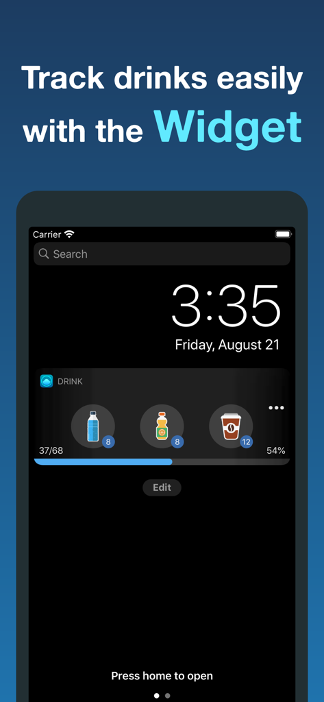 Hydro Coach iOS lock screen widget showing hydration progress and quick log drink icons