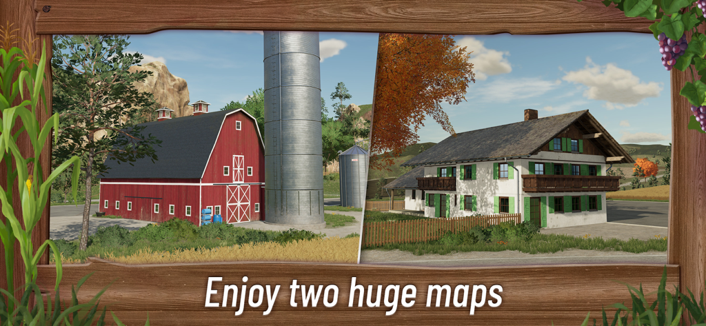 Farming Simulator 23 Mobile - A split-screen view showing a red American-style barn and a traditional European farmhouse representing two different maps in the game.