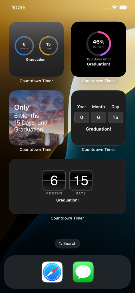 Various aesthetic countdown widgets on an iPhone home screen showing time until graduation.