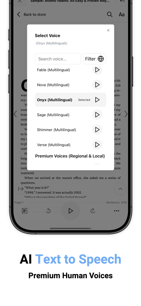 Menu de seleção de voz de IA de texto para fala mostrando múltiplas opções de voz premium para ler livros Kindle.