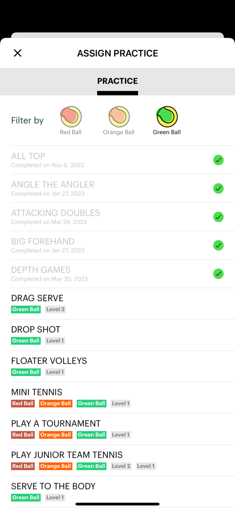 A screen from the Net Generation app showing a list of tennis drills to assign to players with filters for ball color and skill levels