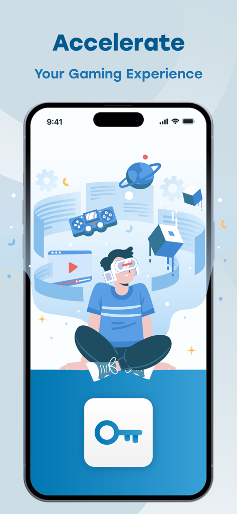 Eine Illustration eines Spielers mit dem Text Beschleunigen Sie Ihr Spielerlebnis, die die VPN-Geschwindigkeit für Handyspiele repräsentiert.