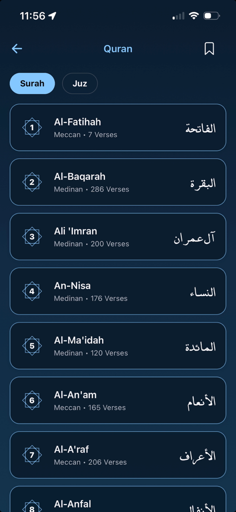 Iqamah - Screenshot of the Quran section in the Iqamah app showing a list of Surahs with verse counts and origins.