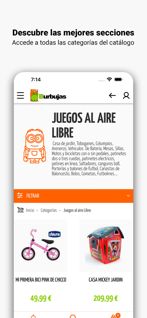 Burbujastoys - Burbujastoys app screen showing the outdoor games category with a Chicco balance bike and Mickey Mouse playhouse.