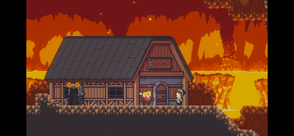 Dungreed - A pixel art building and characters in a lava-themed zone in the game Dungreed