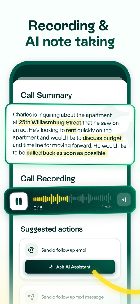 Interfaz de la aplicación móvil de Allo que muestra un resumen de llamada generado por IA y la reproducción de grabaciones de una llamada empresarial.