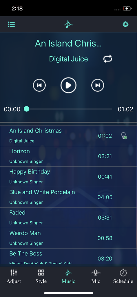 Magic-Lantern app interface showing the music synchronization feature with a playlist of songs to control LED strip lighting