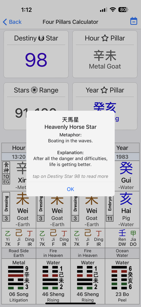 Four Pillars Calculator in Destiny Stars Astrology app with Heavenly Horse Star explanation pop up