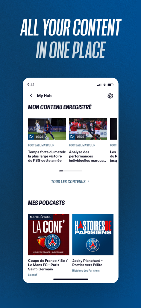 PSG Official - PSG Official app interface showing the My Hub section with saved video highlights and podcasts