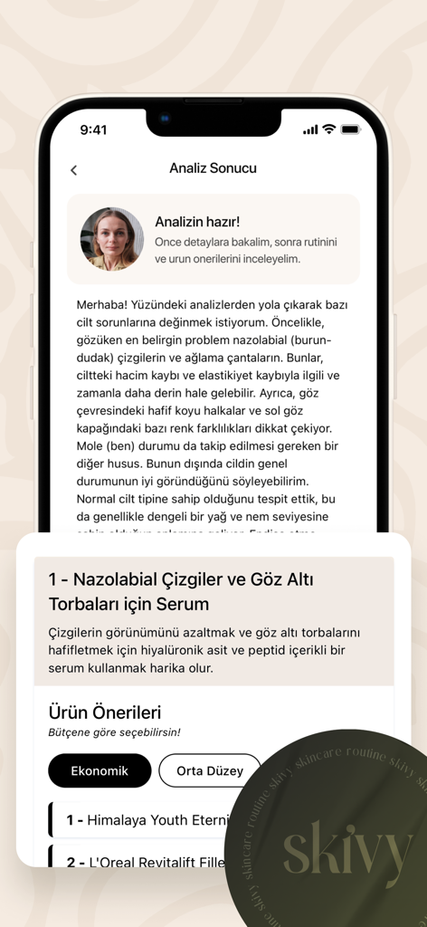 Skivy: AI Cilt Bakımı - Pantalla de móvil mostrando resultados de análisis de cuidado de la piel con IA y recomendaciones de productos personalizadas por presupuesto