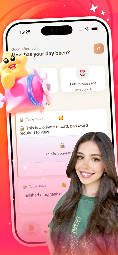 Smartphone screen of the Lureta app showing private notes and a future message time capsule feature with a smiling woman