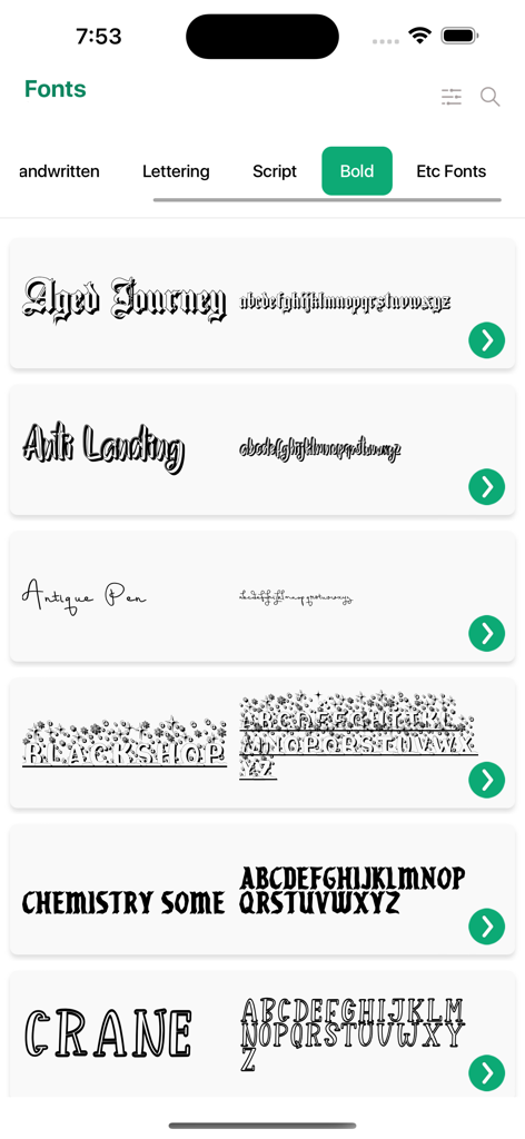 A list of bold font styles including Aged Journey and Chemistry Some within the Fonts for DIY Space app interface.
