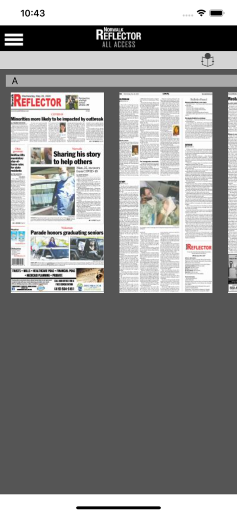 Screenshot of the Norwalk Reflector app showing digital versions of the local newspaper