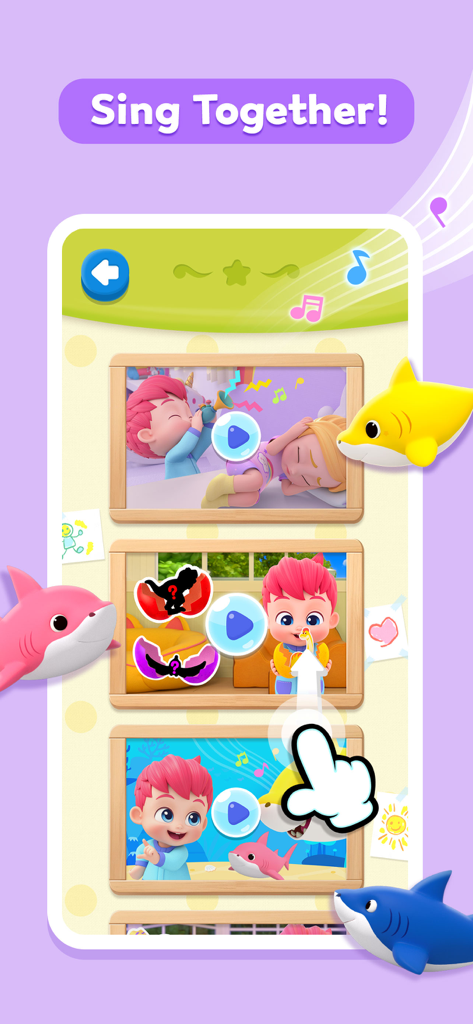 Bebefinn Baby Care - Bebefinn Baby Care app screen showing a video menu for children to sing together with Baby Shark characters