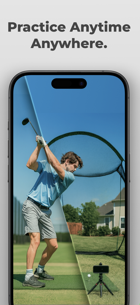 GolfTrak: Phone Launch Monitor - Split screen of a golfer practicing at a driving range and in a backyard with a hitting net using the GolfTrak phone launch monitor