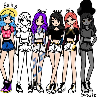 a group of girls wearing crop tops and shorts