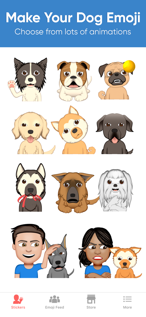 Dog Emoji Designer - Interface showing a collection of custom animated dog emojis and stickers featuring various breeds and human avatars