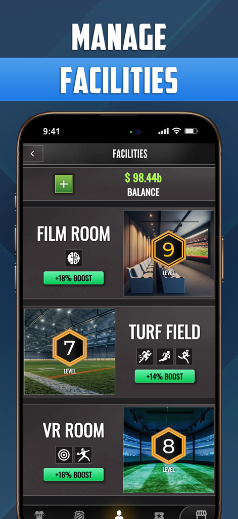 Ultimate QB: Football Legend - パフォーマンスブーストを得るために、アルティメットQBフットボール・レジェンドのトレーニング施設を管理およびアップグレードしましょう