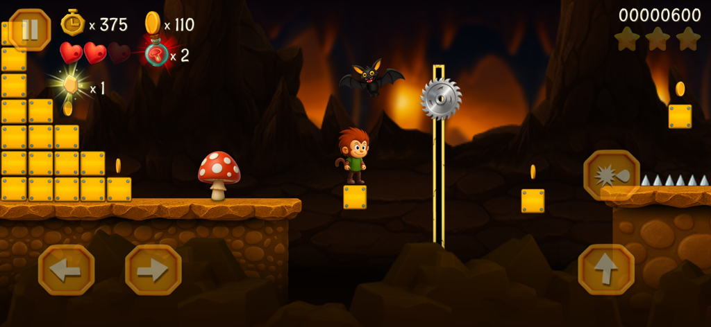 Super Kong Jump - Monkey Bros - A monkey character navigating a cave level with hazards and coins in a 2D platformer game.