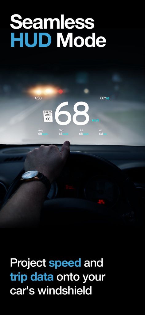 Digital speedometer HUD mode projecting speed and trip data onto a car windshield at night