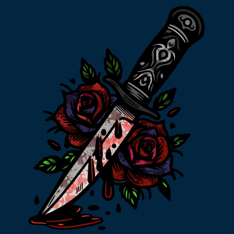 knife with roses and thorns and blood