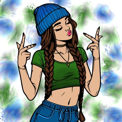 realistic teenage girl with braids and a beanie and crop top doing 🫶🏼