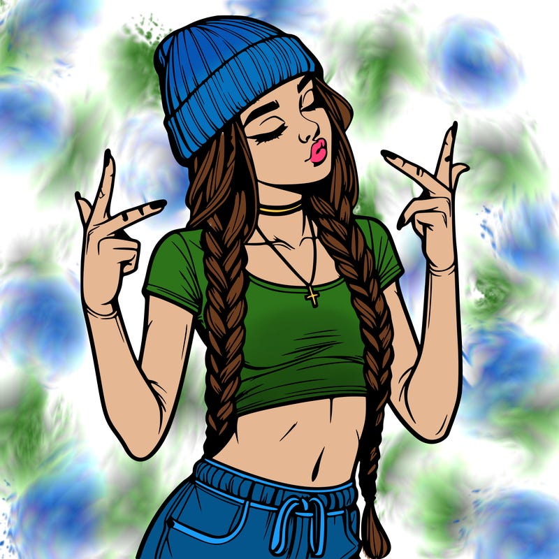 realistic teenage girl with braids and a beanie and crop top doing 🫶🏼