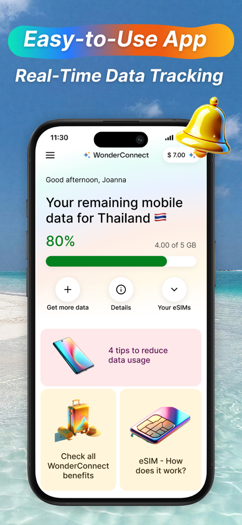 WonderConnect app dashboard showing real-time mobile data tracking for a travel eSIM in Thailand.