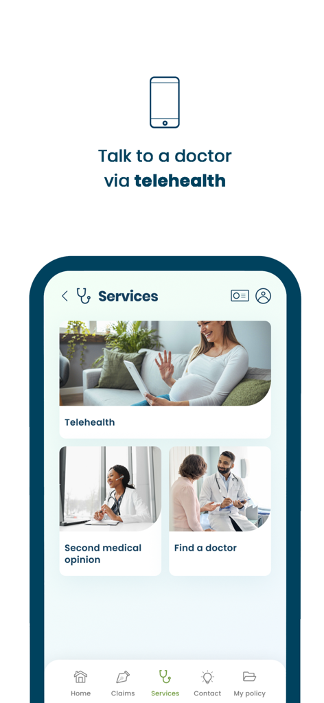 APRIL International Easy Claim - A mobile screen showing telehealth and medical doctor search services in the APRIL International Easy Claim app
