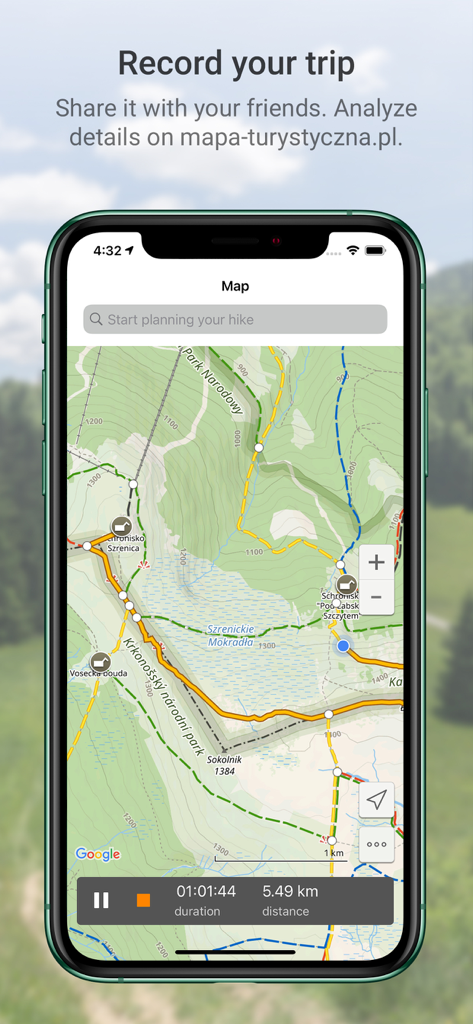 Hiking Map Poland - Interface of the Hiking Map Poland app displaying a recorded hiking track with distance and time data