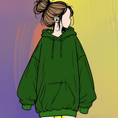 realistic girl with a oversized sweatshirt on and a bun