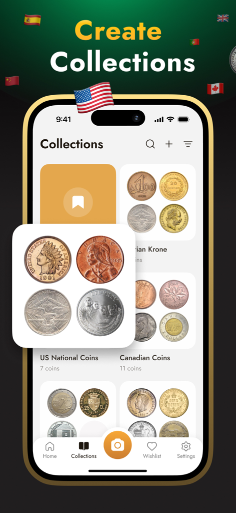 Coin Identifier: Value Checker - A mobile app interface displaying organized coin collections from the US and Canada.