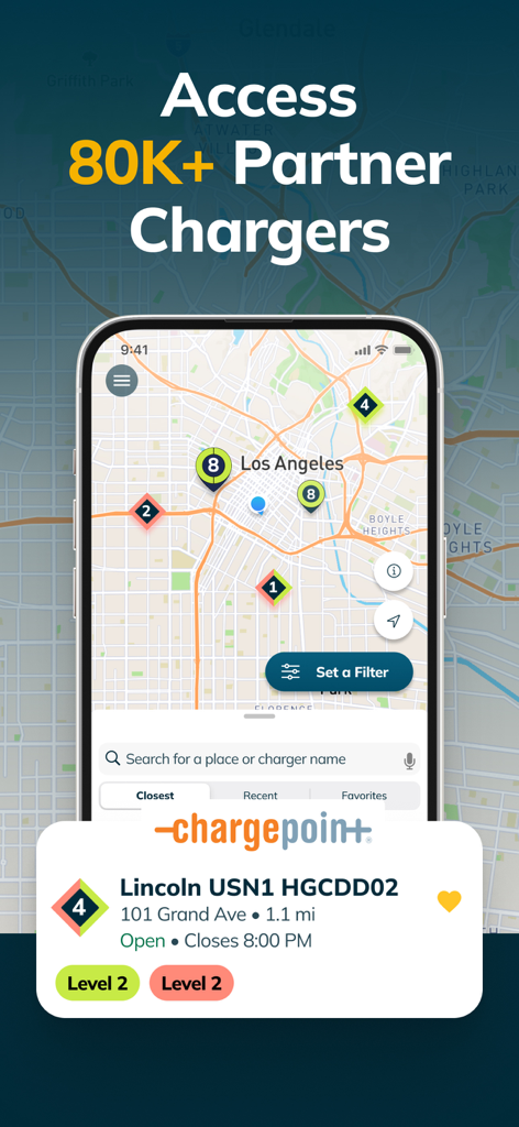 EVgo - Find a Fast EV Charger - EVgo app showing a map of Los Angeles with icons for over eighty thousand partner charging stations