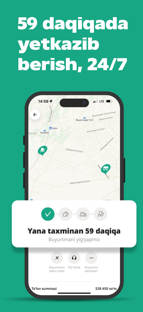 Un écran de téléphone mobile montrant l'interface de l'application Korzinka Go avec une carte de suivi de commande et une notification de statut de livraison en 59 minutes.