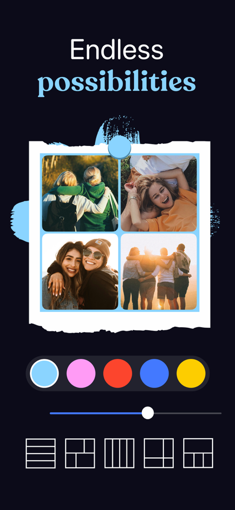 Collage Maker for Photos - Interface of Collage Maker app showing a four-photo grid layout with color and border customization tools