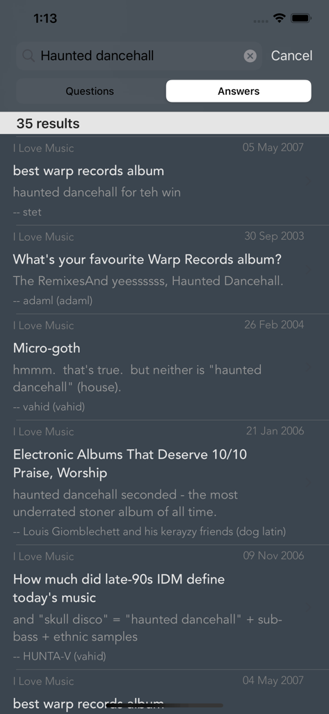 Zing Touch app search results screen for a music discussion forum.