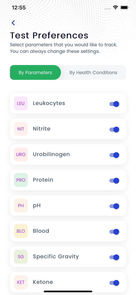 Urinox - Urinox app test preferences screen showing toggles for tracking various urine parameters like leukocytes and ketones.