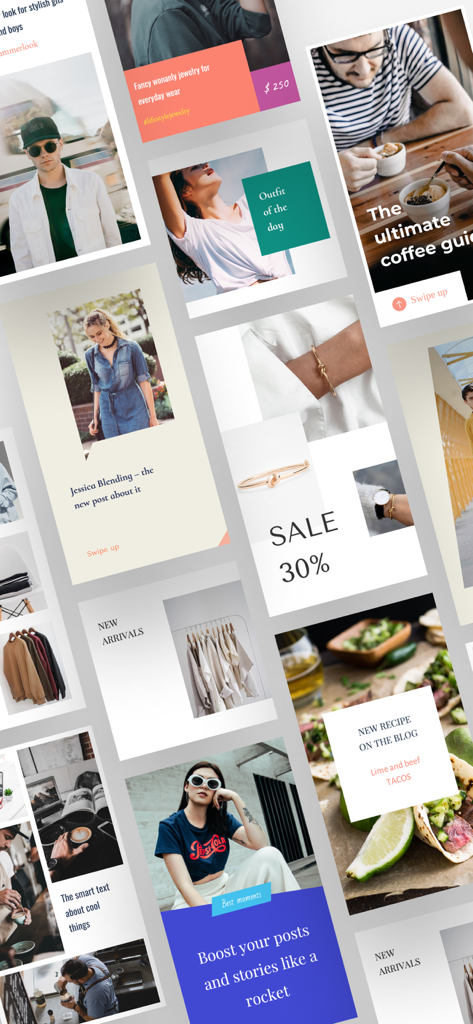 Smoozly: Animated Stories - ソーシャルメディアクリエイター向けの、さまざまな美的アニメーションストーリーや投稿テンプレートを示すコラージュ