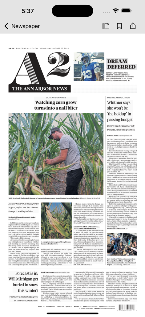 Digital replica of The Ann Arbor News front page featuring local Michigan headlines and a traditional newspaper layout