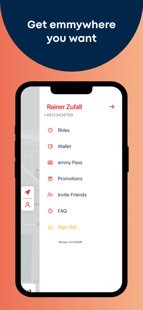 Das Benutzerkontomenü der emmy Roller-Sharing-App mit Optionen für Fahrten, Wallet und Aktionen.
