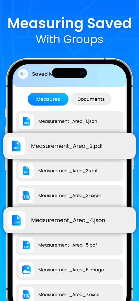GPS Field Area & Land Measure - A list of saved land measurements in the GPS Field Area and Land Measure app shown in various formats like PDF Excel and JSON