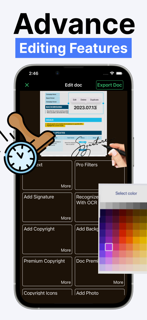 Quick Scan Pro:Scanner for Doc - Quick Scan Pro App-Oberfläche mit erweiterten Dokumentenbearbeitungswerkzeugen, einschließlich E-Signatur und OCR.