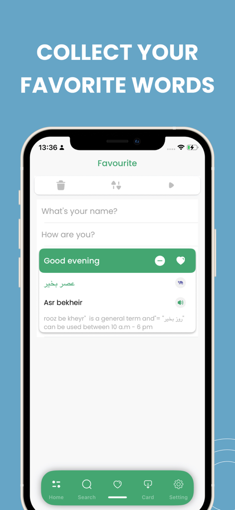 Learn Farsi app screen showing the favorites section with saved Persian phrases and audio buttons