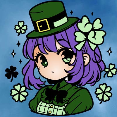 a manga-style girl with clovers around her, a little hat in her hair, like it's saint patrick's day