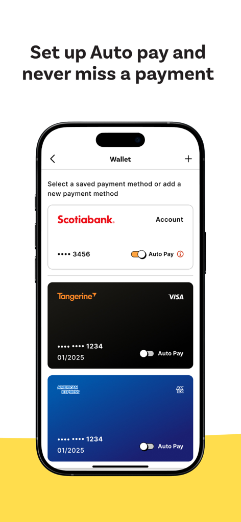 Direct Energy Canada - Direct Energy Canada app wallet screen for managing saved payment methods and activating auto pay