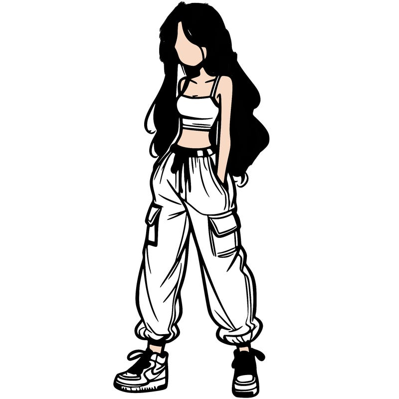 girl in baggy pants crop top and long hair